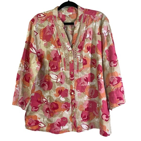 JM COLLECTION Pink‎ & Beige Floral Linen 3/4 Sleeve Button Down Tunic Blouse - Picture 1 of 12